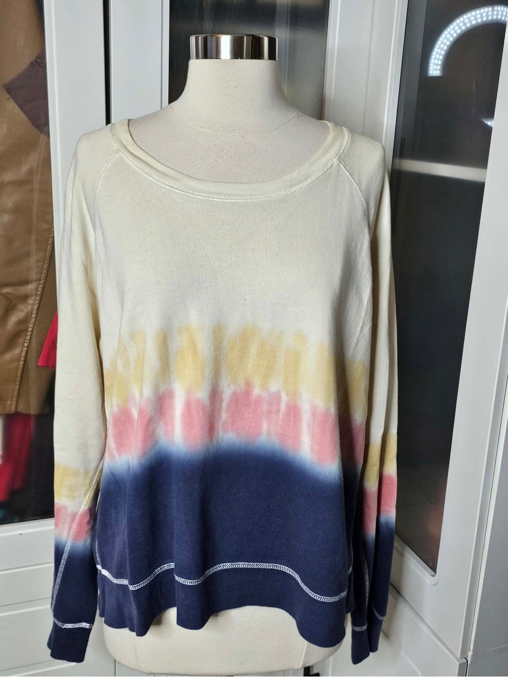 Rails Cream Tie-Dye Pullover with Navy, Pink & Yellow Bands
